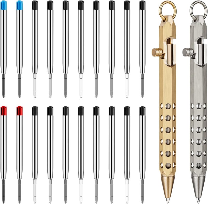 Origin-Joy 2 Pack Bolt Action Pen Set, Six Edge Solid Brass EDC Pocket Tactical Pen With 20 Ballpoint Refills (Natural Brass & Nickel Gray) - Image 1
